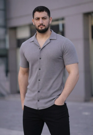 Erkek Waffle Kumaş Kısa Kollu Düğmeli Açık Yaka Regular Fit Gömlek - Gri
