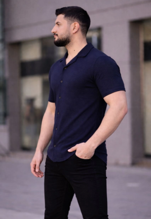 Erkek Waffle Kumaş Kısa Kollu Düğmeli Açık Yaka Regular Fit Gömlek - Lacivert