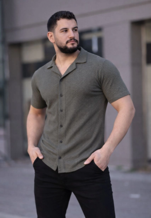 Erkek Waffle Kumaş Kısa Kollu Düğmeli Açık Yaka Regular Fit Gömlek - Haki