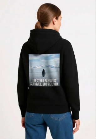 Kadın Oversize - Sırt Baskılı "Survivor Penguin" Temalı Felsefi Yazılı Kapüşonlu - Siyah