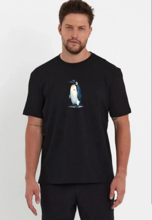 Erkek Oversize Tişört - Sırt Baskılı "Survivor Penguin" Temalı Felsefi Yazılı - Siyah
