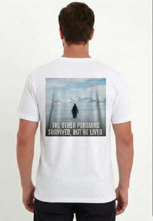 Erkek Oversize Tişört - Sırt Baskılı "Survivor Penguin" Temalı Felsefi Yazılı - Beyaz