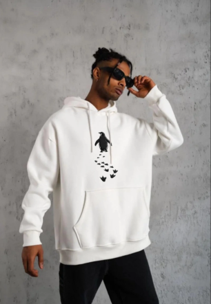 Erkek Nihilist Penguen Temalı Oversize Kapüşonlu Sweatshirt - Beyaz