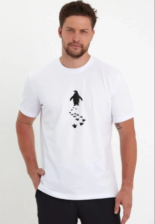 Erkek Nihilist Penguen Temalı Oversize Bisiklet Yaka Tişört - Beyaz