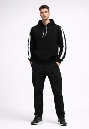 Erkek Şeritli Kapüşonlu Sweatshirt Oversize 3 iplik Pamuklu - Siyah