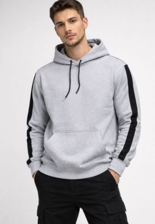 Erkek Şeritli Kapüşonlu Sweatshirt 3 iplik Pamuklu - Beyaz