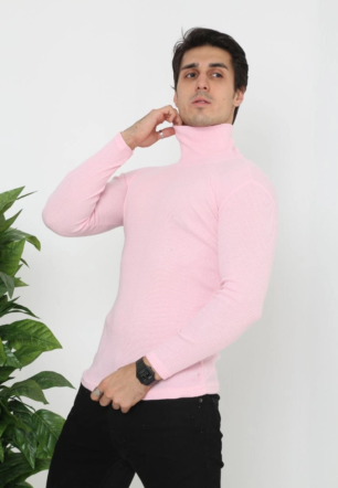 Erkek Kaşkorse Boğazlı Full Likralı Fitilli Body Kazak - Toz Pembe