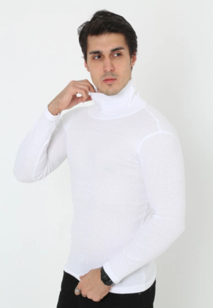 Erkek Kaşkorse Boğazlı Full Likralı Fitilli Body Kazak - Beyaz