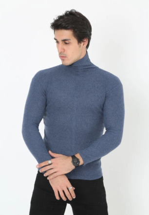 Erkek Kaşkorse Boğazlı Full Likralı Fitilli Body Kazak - İndigo
