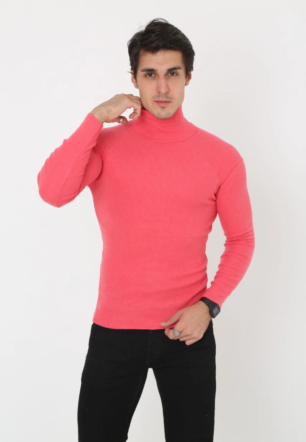 Erkek Kaşkorse Boğazlı Full Likralı Fitilli Body Kazak - Pembe