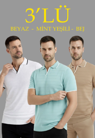 Erkek 3’lü Paket Triko Yakalı Düğmesiz Açık Yaka Fitilli Kısa Kollu Regular Fit Tişört