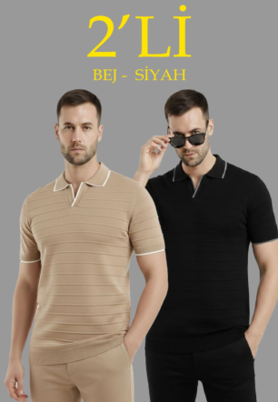 Erkek 2’li Paket Triko Yakalı Düğmesiz Açık Yaka Fitilli Kısa Kollu Regular - Bej & Siyah