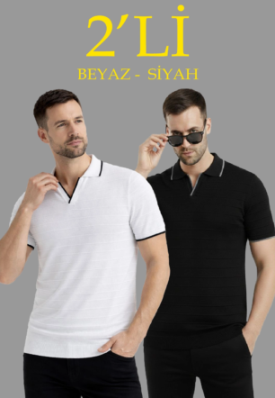 Erkek 2’li Paket Triko Yakalı Düğmesiz Açık Yaka Fitilli Kısa Kollu - Beyaz & Siyah