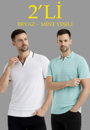 Erkek 2’li Paket Triko Yakalı Düğmesiz Açık Yaka Fitilli Kısa Kollu - Beyaz & Mint Yeşili