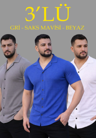 Erkek Waffle Dokuma Açık Yakalı Düğmeli Regular Kalıp 3’lü Gömlek Seti - Gri, Saks Mavisi, Beyaz