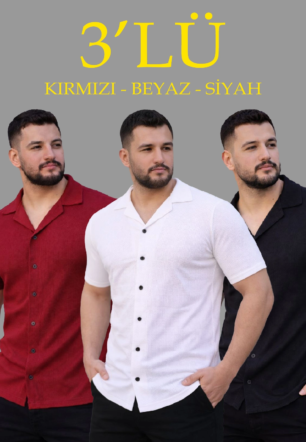 Erkek Waffle Dokuma Açık Yakalı Düğmeli Regular Kalıp 3’lü Gömlek Seti - Siyah, Kırmızı, Beyaz
