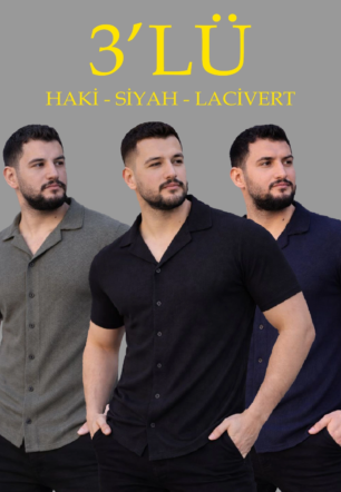 Erkek Waffle Dokuma Açık Yakalı Düğmeli Regular Kalıp 3’lü Gömlek Seti - Siyah, Haki, Lacivert