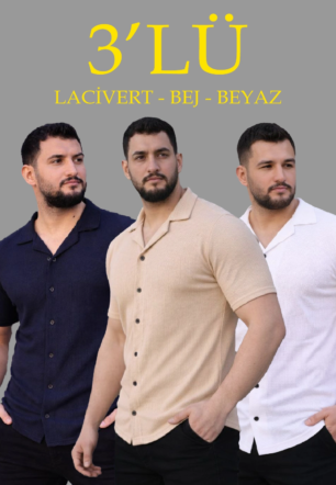 Erkek Waffle Dokuma Açık Yakalı Düğmeli Regular Kalıp 3’lü Gömlek Seti - Bej, Beyaz, Lacivert
