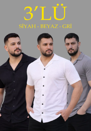 Erkek Waffle Dokuma Açık Yakalı Düğmeli Regular Kalıp 3’lü Gömlek Seti - Siyah, Beyaz, Gri