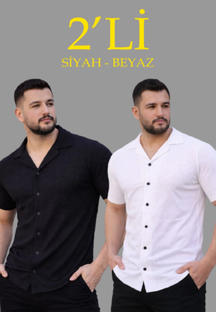 Erkek Waffle Dokuma Açık Yakalı Düğmeli Regular Kalıp 2’li Gömlek Seti - Siyah & Beyaz