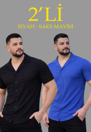 Erkek Waffle Dokuma Açık Yakalı Düğmeli Regular Kalıp 2’li Gömlek Seti - Siyah & Saks Mavisi