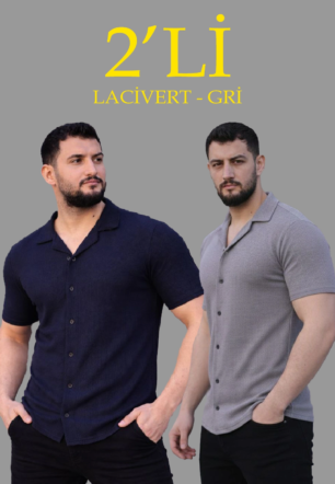 Erkek Waffle Dokuma Açık Yakalı Düğmeli Regular Kalıp 2’li Gömlek Seti - Lacivert & Gri