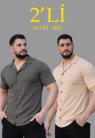 Erkek Waffle Dokuma Açık Yakalı Düğmeli Regular Kalıp 2’li Gömlek Seti - Haki & Bej