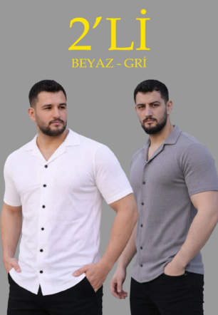 Erkek Waffle Dokuma Açık Yakalı Düğmeli Regular Kalıp 2’li Gömlek Seti - Beyaz & Gri