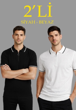 Erkek 2’li Paket Dokuma Triko Fermuarlı Yakalı Fitilli Kısa Kollu Regular - Beyaz & Siyah