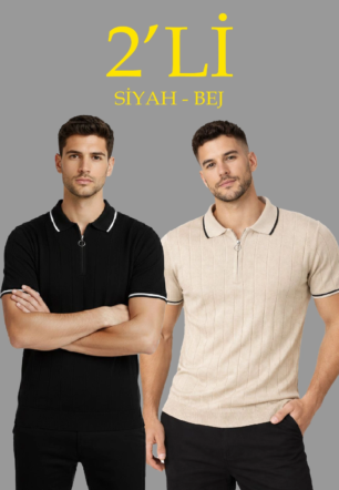 Erkek 2’li Paket Dokuma Triko  Fermuarlı Yakalı Fitilli Kısa Kollu Regular Fit Tişört - Bej & Siyah