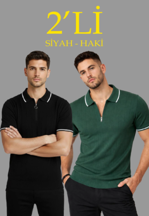 Erkek 2’li Paket Dokuma Triko Fermuarlı Yakalı Fitilli Kısa Kollu Regular - Haki & Siyah