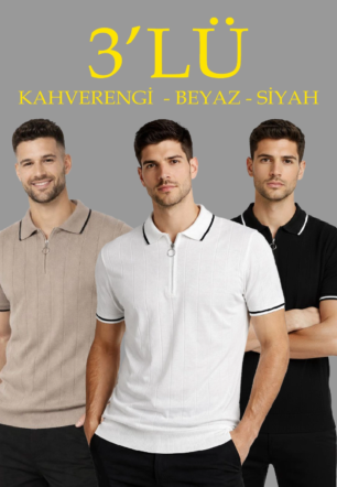 Erkek 3’lü Paket Dokuma Triko Fermuarlı Yakalı Fitilli Kısa Kollu Regular Fit Tişört -