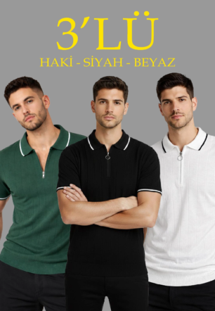 Erkek 3’lü Paket Dokuma Triko Fermuarlı Yakalı Fitilli Kısa Kollu - Beyaz, Haki, Siyah