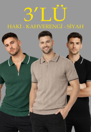 Erkek 3’lü Paket Dokuma Triko Fermuarlı Yakalı Fitilli Kısa Kollu Regular Fit Tişört -
