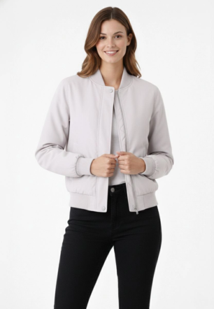 Kadın Premium Bomber Ceket Çıtçıt Kapamalı, Ribana Manşetli, Astarlı, Regular Fit Mont - Beyaz