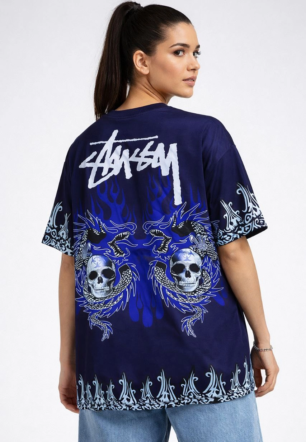 Kadın Lacivert Oversize Tişört Dragon & Kuru Kafa Baskılı Bisiklet Yaka T-Shirt - Lacivert