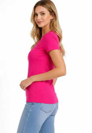 Kadın V Yaka Slim Fit Likralı Tişört - Pembe