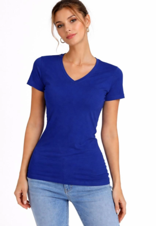 Kadın T-Shirt V Yaka Slim Fit Likralı Tişört Günlük Basic Body - İndigo