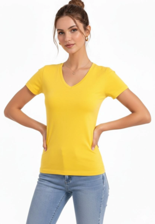 Kadın V Yaka Slim Fit Likralı Tişört - Sarı