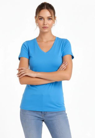 Kadın V Yaka Slim Fit Likralı Tişört - Açık Mavi