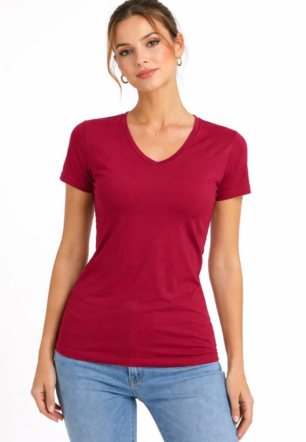 Kadın V Yaka Slim Fit Likralı Tişört - Bordo