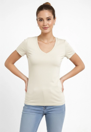 Kadın V Yaka Slim Fit Likralı Tişört - Taş