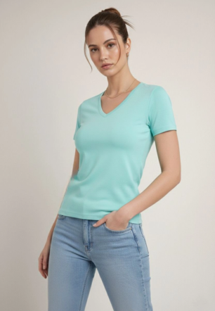 Kadın V Yaka Slim Fit Likralı Tişört - Turkuvaz
