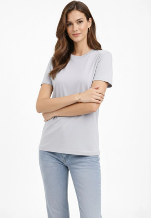 Kadın Bisiklet Yaka Tişört  Regular Kalıp Basic Pamuklu  Günlük Kullanım  T-shirt - Gri