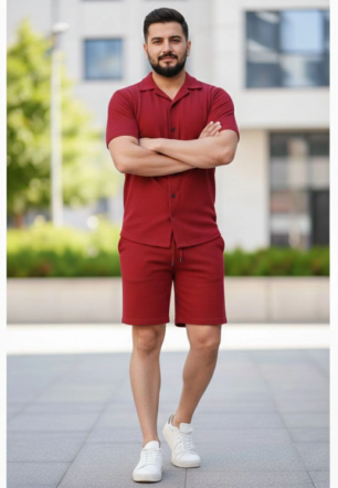 Erkek Waffle Kısa Kollu Gömlek Şort Takım Regular Fit İkili Set - Bordo