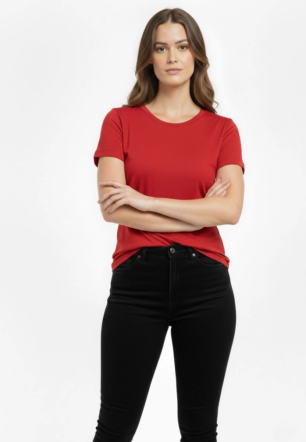 Kadın Bisiklet Yaka Slim Fit Likralı Tişört - Kırmızı