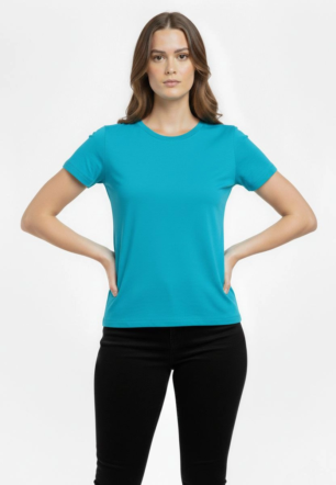 Kadın Bisiklet Yaka Slim Fit Likralı Tişört - Turkuvaz