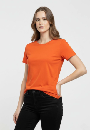 Kadın Bisiklet Yaka Slim Fit Likralı Tişört - Turuncu