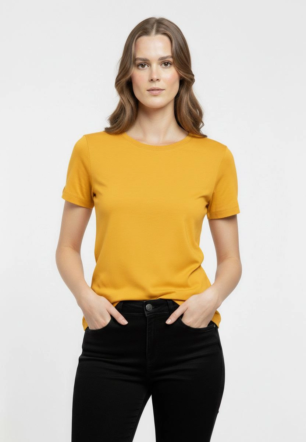 Kadın Bisiklet Yaka Slim Fit Likralı Tişört - Sarı