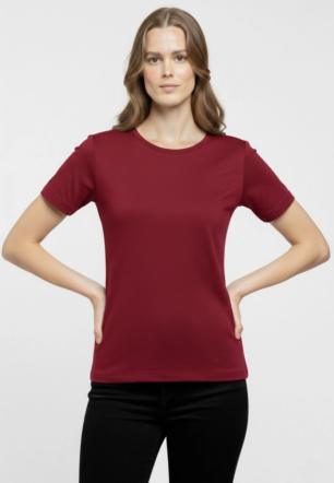 Kadın Bisiklet Yaka Slim Fit Likralı Tişört - Bordo